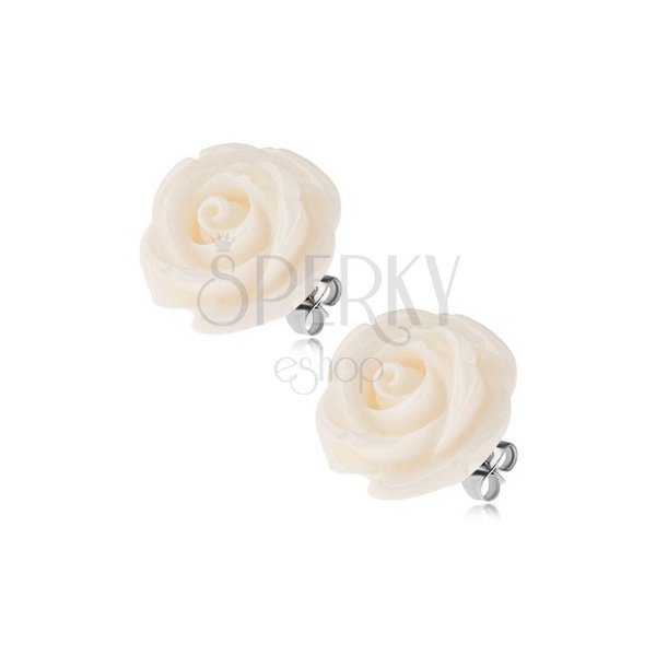 Stud earrings made of surgical steel, white acrylic rose flower, 14 mm