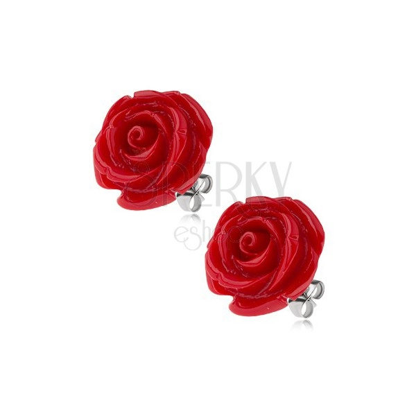 Steel stud earrings, shiny red acrylic rose flower, 14 mm