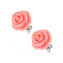 Earrings made of steel, rose flower, pink colour, stud closure, 14 mm