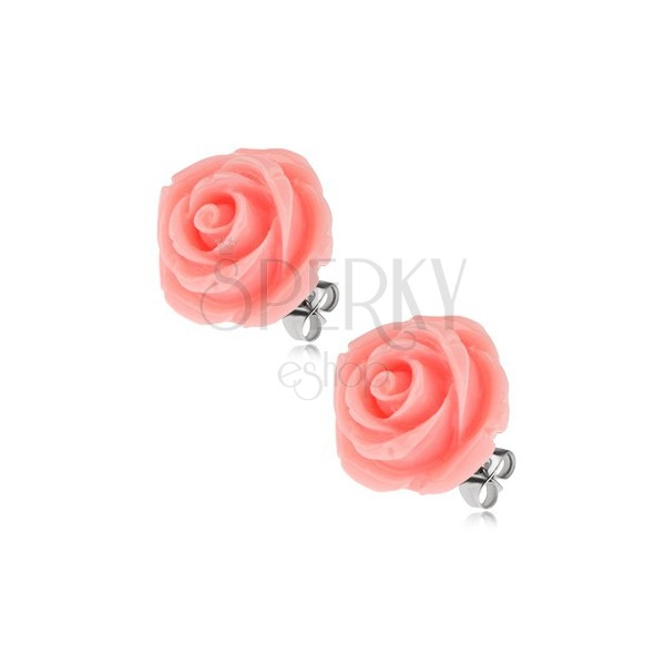 Earrings made of steel, rose flower, pink colour, stud closure, 14 mm