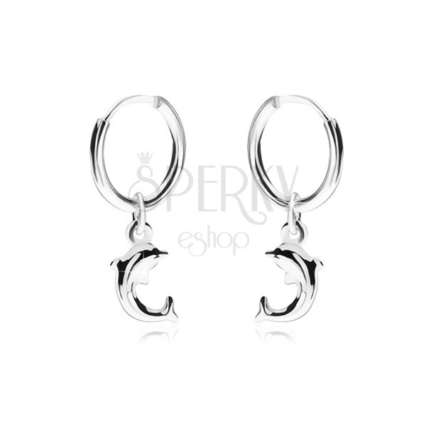Earrings made of 925 silver, shiny smooth ring, dolphin