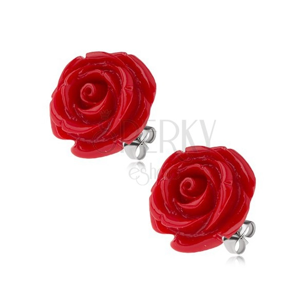 Earrings made of surgical steel, red acrylic rose flower, 20 mm