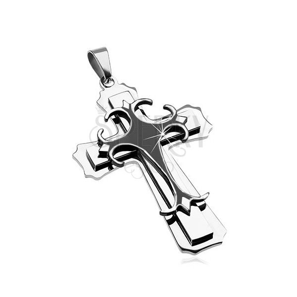 Surgical steel pendant - big cross, combination of black and silver colour