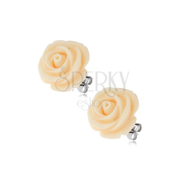 Steel earrings, cream colour, rose flower, stud closure, 14 mm
