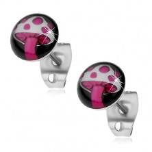 Earrings made of 316L steel, pink-white toadstool on black circle