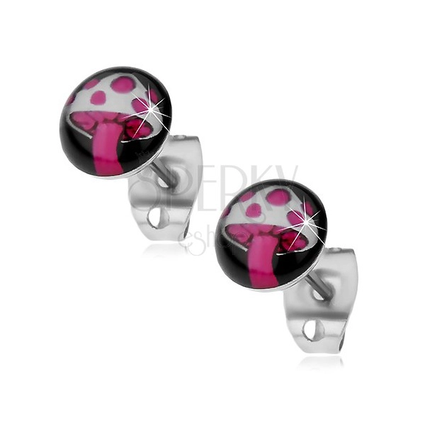 Earrings made of 316L steel, pink-white toadstool on black circle