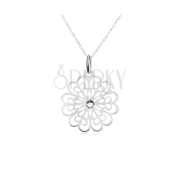 925 silver necklace  - chain, clear zircon, flat carved flower