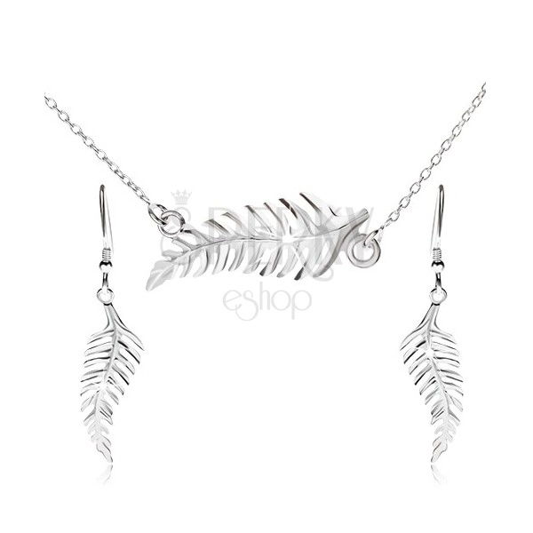 Set of necklace and dangling earrings, fern, 925 silver