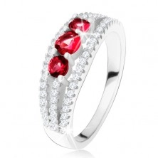 925 silver ring, three ruby-coloured stones, zircon stripes