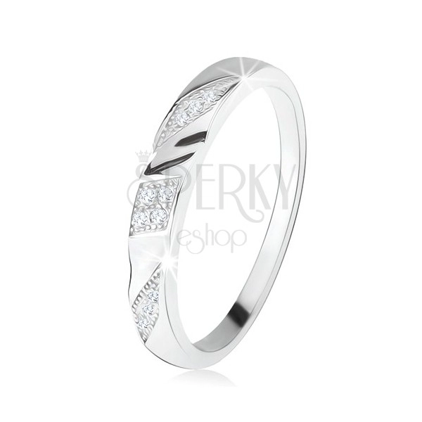 Silver wedding ring 925, slanted engraved strips with clear zircons