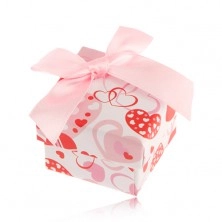 Gift box for ring in white, pink and red colour, hearts, light pink ribbon