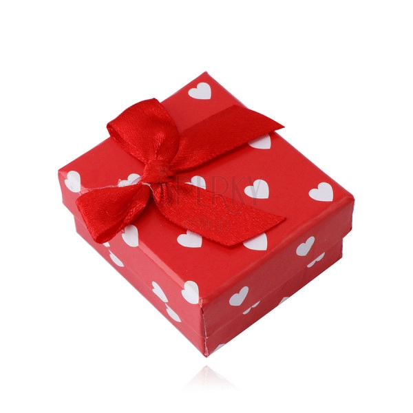Red gift box for earrings – white hearts, red bow