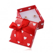 Red gift box for earrings – white hearts, red bow