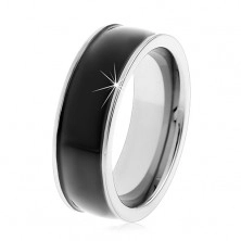 Black tungsten smooth ring, slightly convex, shiny surface, silver edges