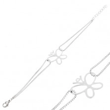 Steel bracelet, two chains with attached links, butterfly pendant