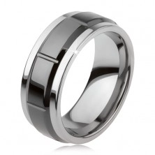 Tungsten ring with notches, silver colour, shiny black surface