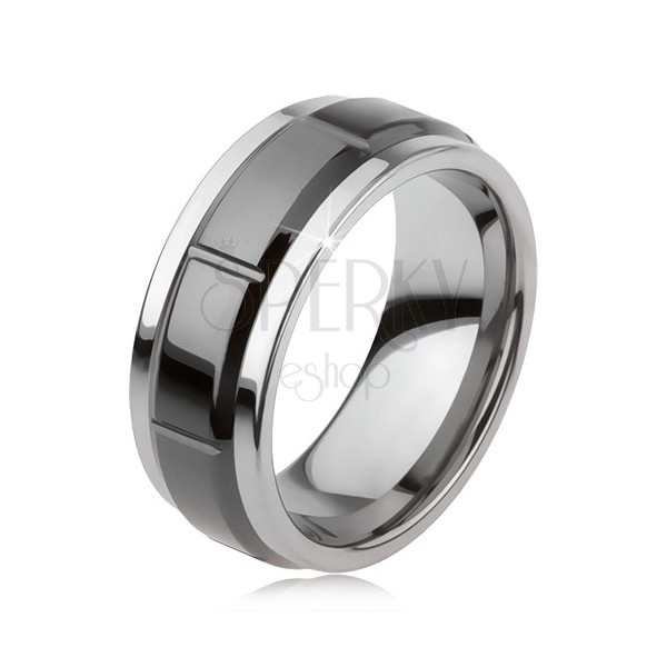 Tungsten ring with notches, silver colour, shiny black surface