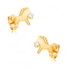 Earrings made of 9K gold - glimmering galloping horse with clear zircon