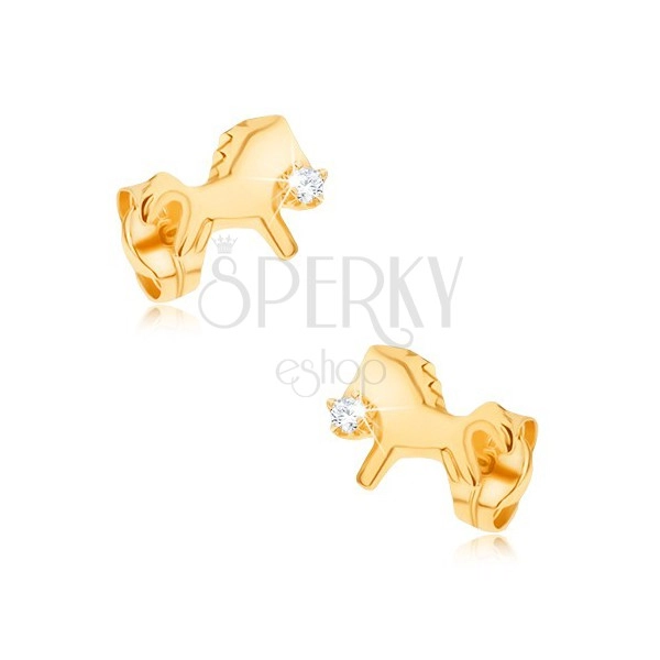 Earrings made of 9K gold - glimmering galloping horse with clear zircon