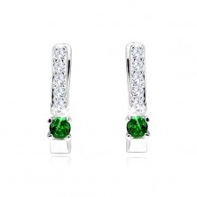 Earrings made of 925 silver, green round rhinestone, line of clear zircons