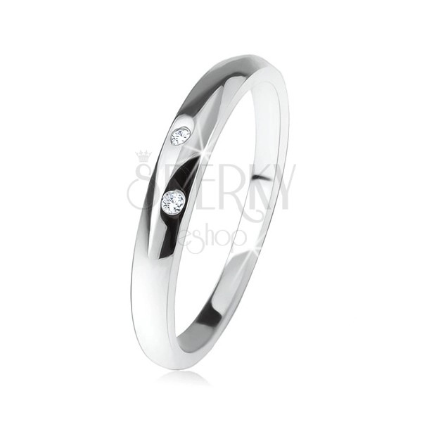 Shiny wedding ring with bulging arm, two clear zircons, 925 silver