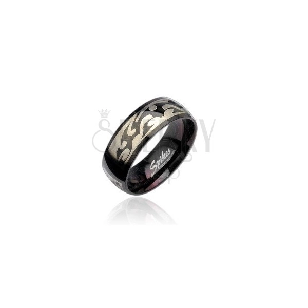 Black steel ring with Tribal pattern in silver colour