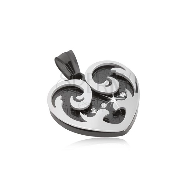 Pendant made of steel, heart with ornaments in black and silver colour, zircons
