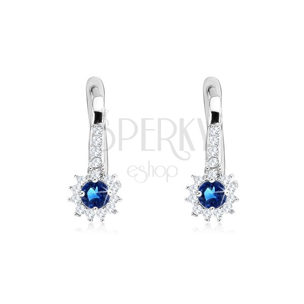 925 silver earrings, zircon flower with dark blue rhinestone