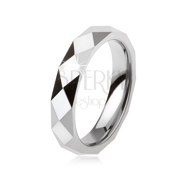 Tungsten ring of steel-grey colour, geometrically ground surface