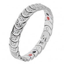 Steel bracelet of silver colour, semi-circles, ball motif, magnets