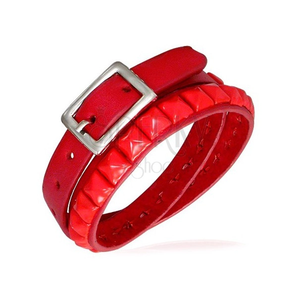 Doubled red bracelet made of leather with studs