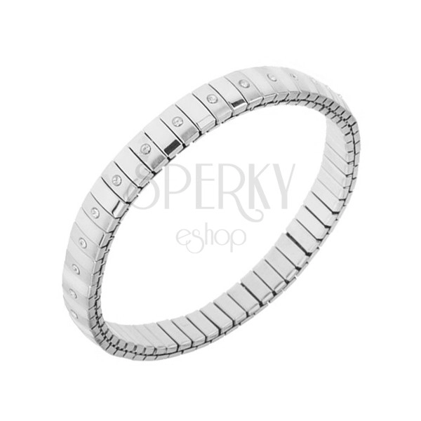 Steel bracelet in silver colour, shiny and matt stripes, zircons