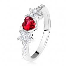 Ring with red heart-shaped stone and flowers, clear zircons, 925 silver