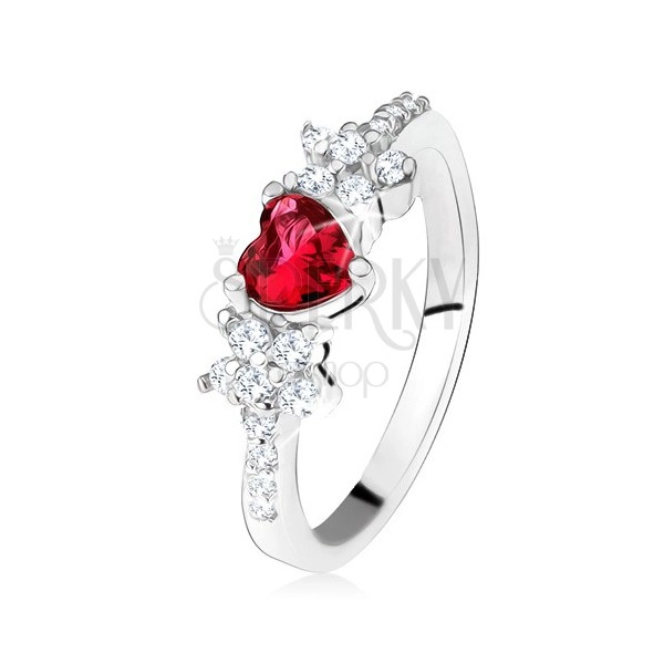Ring with red heart-shaped stone and flowers, clear zircons, 925 silver