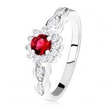 Engagement ring made of 925 silver, red round zircon with clear edging