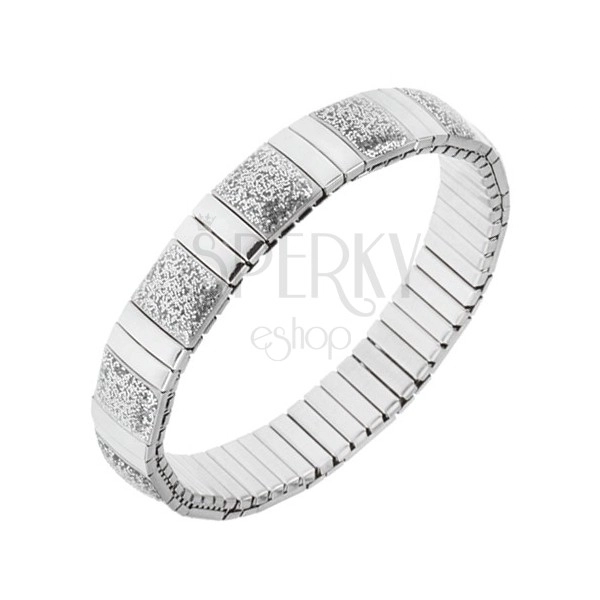 Stretch bracelet made of steel in silver colour, shiny strips, parts with glitters