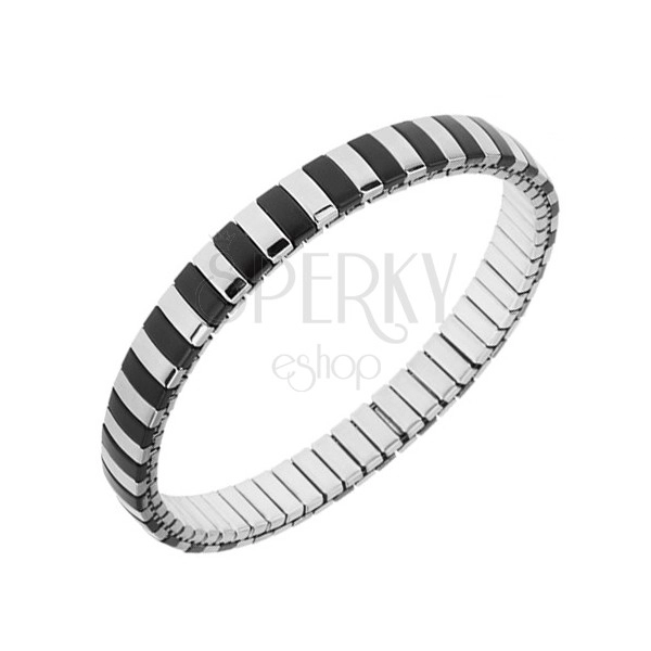 Bracelet made of steel, silver and black colour, narrow strips, extensible strap
