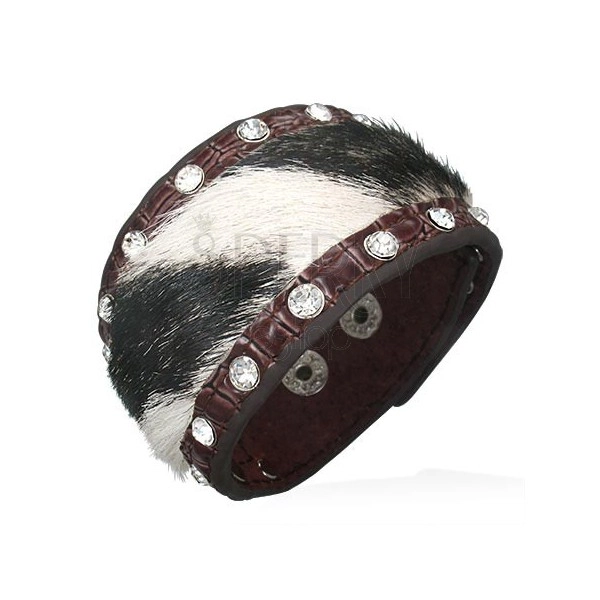 Leather bangle with black-white fur and zircons
