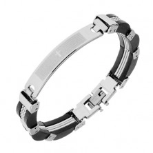 Steel bracelet, rounded tag with prayer, rubber and steel links