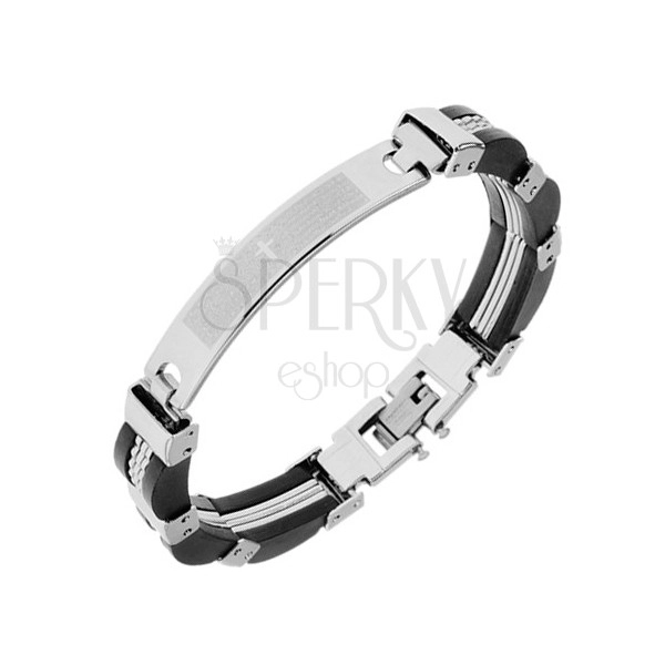 Steel bracelet, rounded tag with prayer, rubber and steel links
