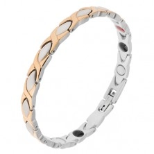 Magnetic bracelet made of steel, silver and gold colour, "X" links, ovals
