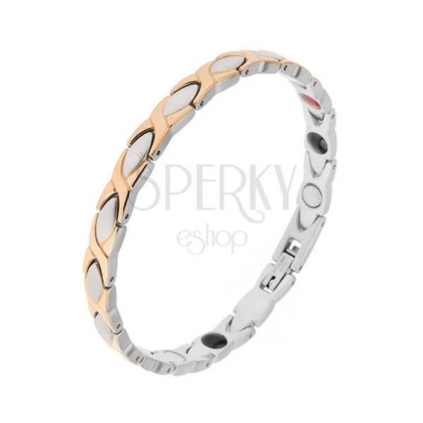 Magnetic bracelet made of steel, silver and gold colour, "X" links, ovals