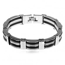 Bracelet made of steel, stripes in silver colour, black rubber parts, notches