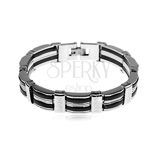 Bracelet made of steel, stripes in silver colour, black rubber parts, notches