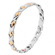 Steel bracelet, silver and gold colour, "X" links, rhombus, magnets