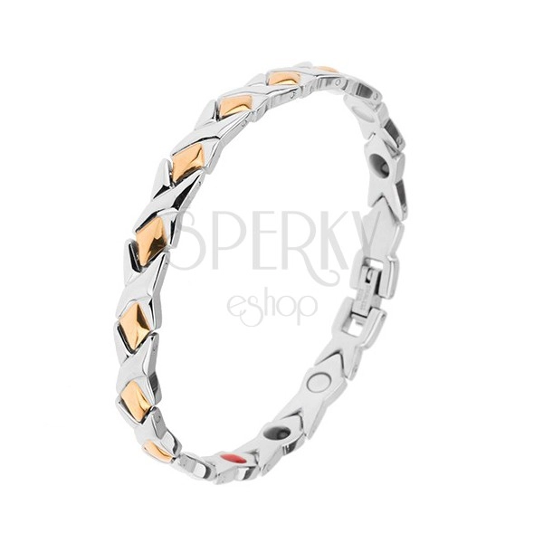 Steel bracelet, silver and gold colour, "X" links, rhombus, magnets