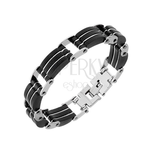Steel bracelet, triple black rubber parts, stripes in silver colour