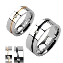 Steel wedding rings in silver color, gold or black stripe with zircon