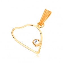 Pendant made of yellow 9K gold, slim contour of symmetrical heart, clear zircon