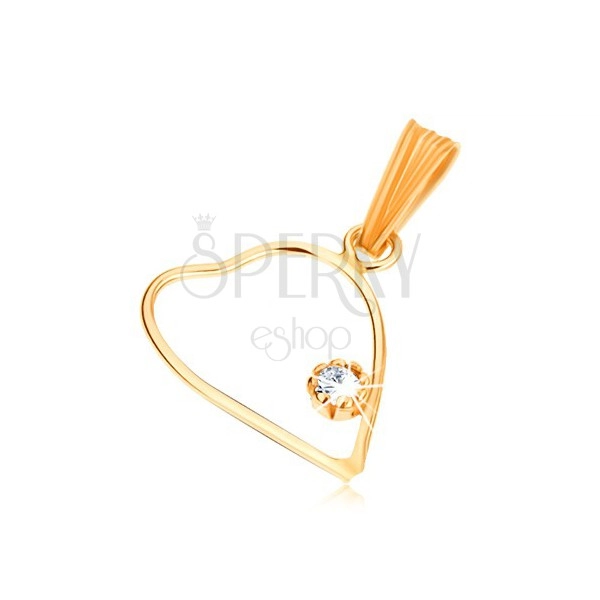Pendant made of yellow 9K gold, slim contour of symmetrical heart, clear zircon